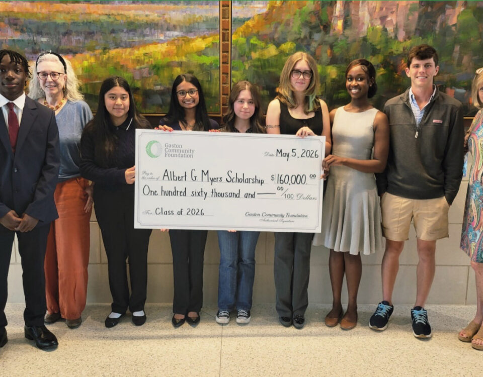 2026 Albert G. Myers Scholarship Recipients (Pictured left-right): Israel Aladekoba, First Gaston Foundation Advisor Ring Stafford, Daniella Alejos, Zalak Mehta, Lillian Morin, Alexis Odell, Zaniah McDowell, Eli Grant, and Scholarship Officer Nina Greene (not present: Helanea Killian).